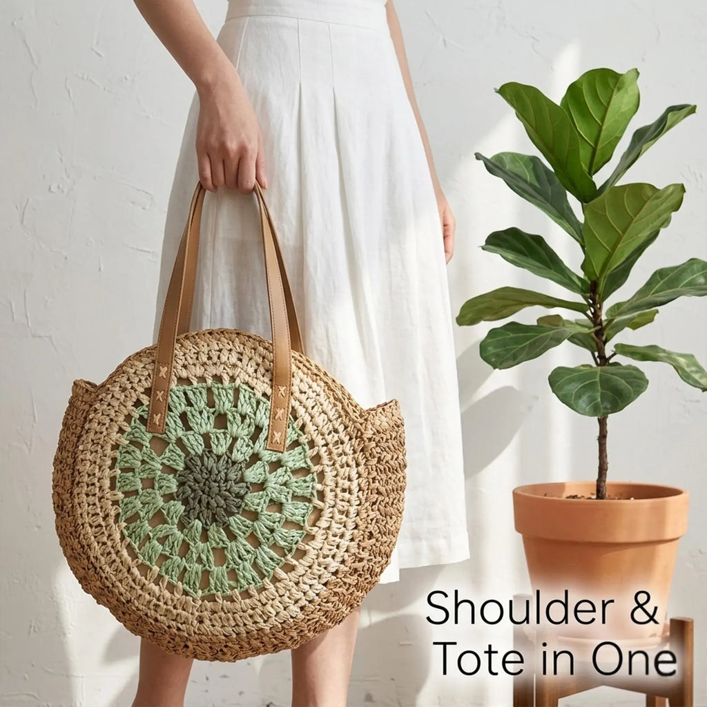 Woven Round Straw Beach Bag, Lazy Style Boho Summer Tote, Large Capacity Crossbody Purse, Resortcore Vacation Handbag, Custom Gift