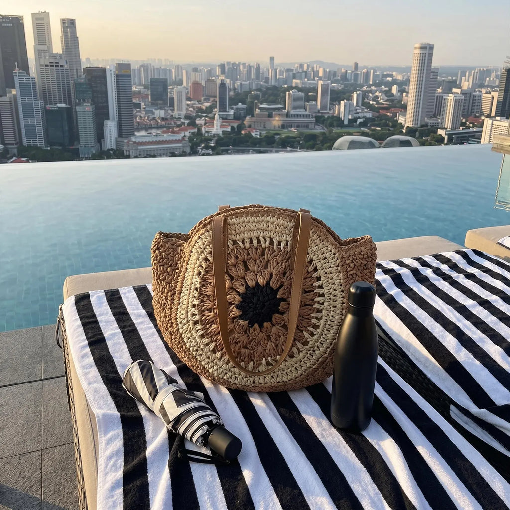 Woven Round Straw Beach Bag, Lazy Style Boho Summer Tote, Large Capacity Crossbody Purse, Resortcore Vacation Handbag, Custom Gift